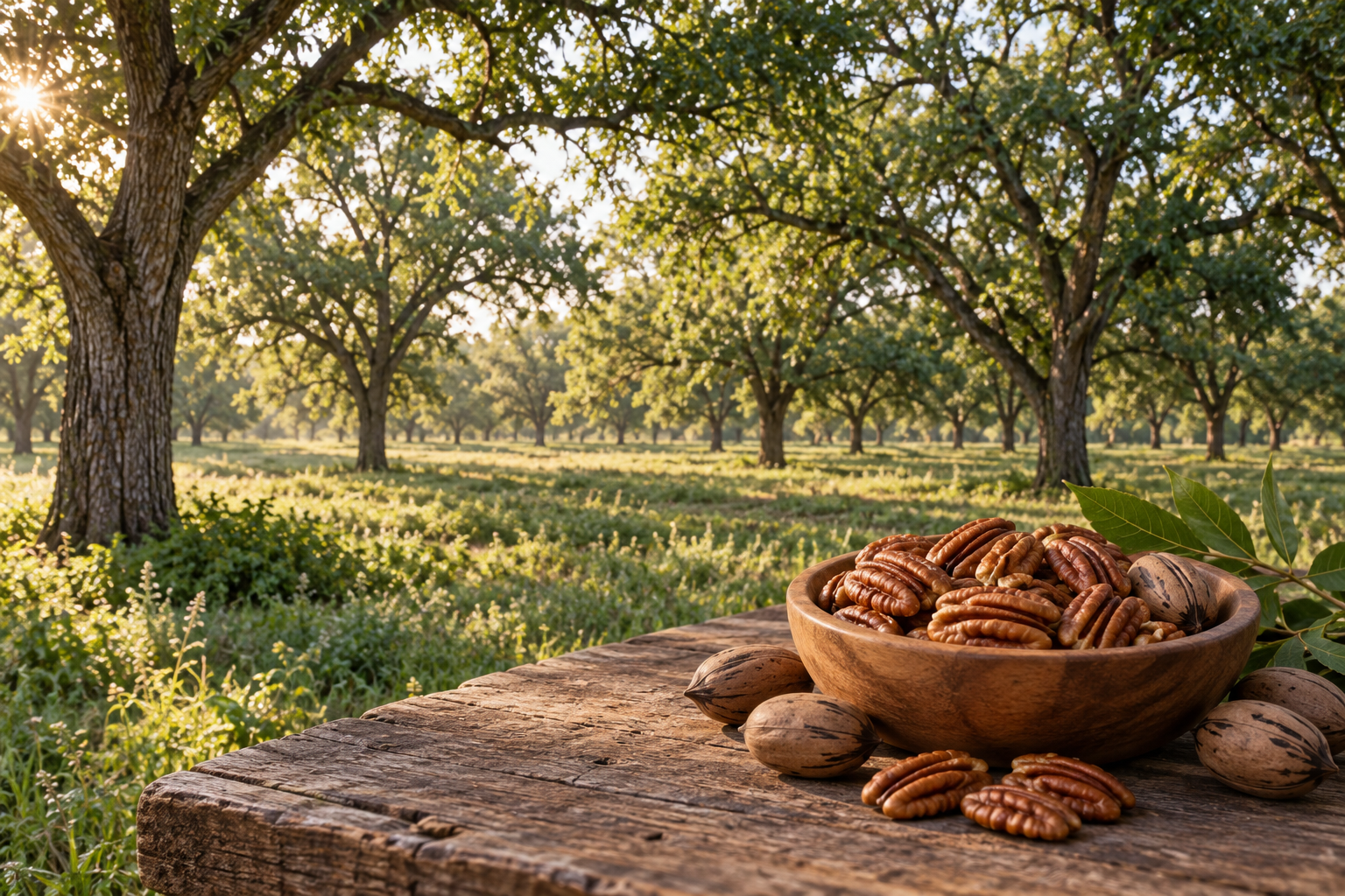 Illustrative pecan grove and harvested pecans